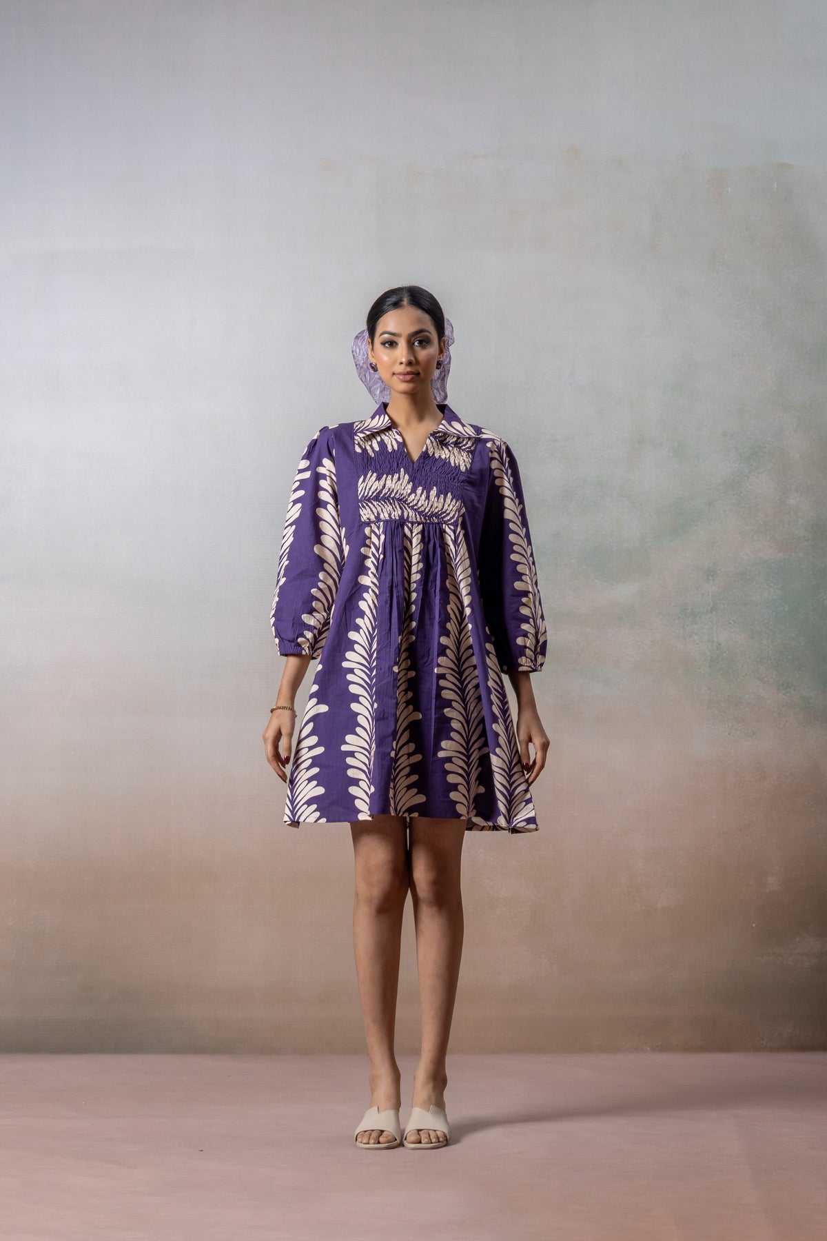 Lavender Leaf Smocked Printed Short Dress