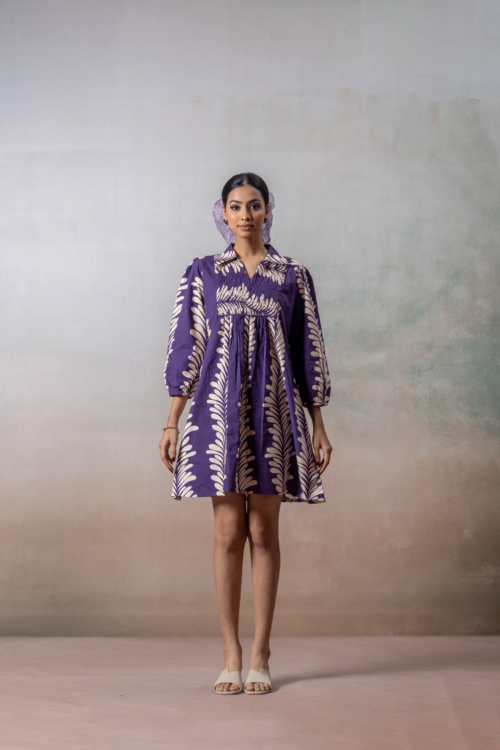 Lavender Leaf Smocked Printed Short Dress