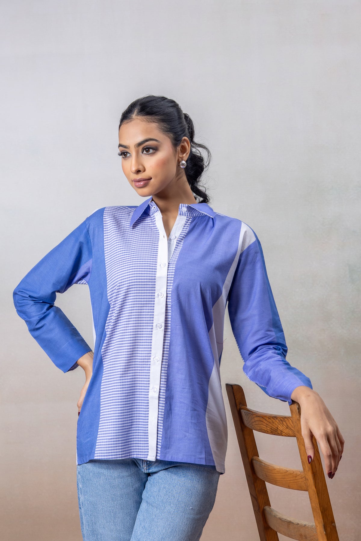 Azure Mist Colorblock Cotton Shirt