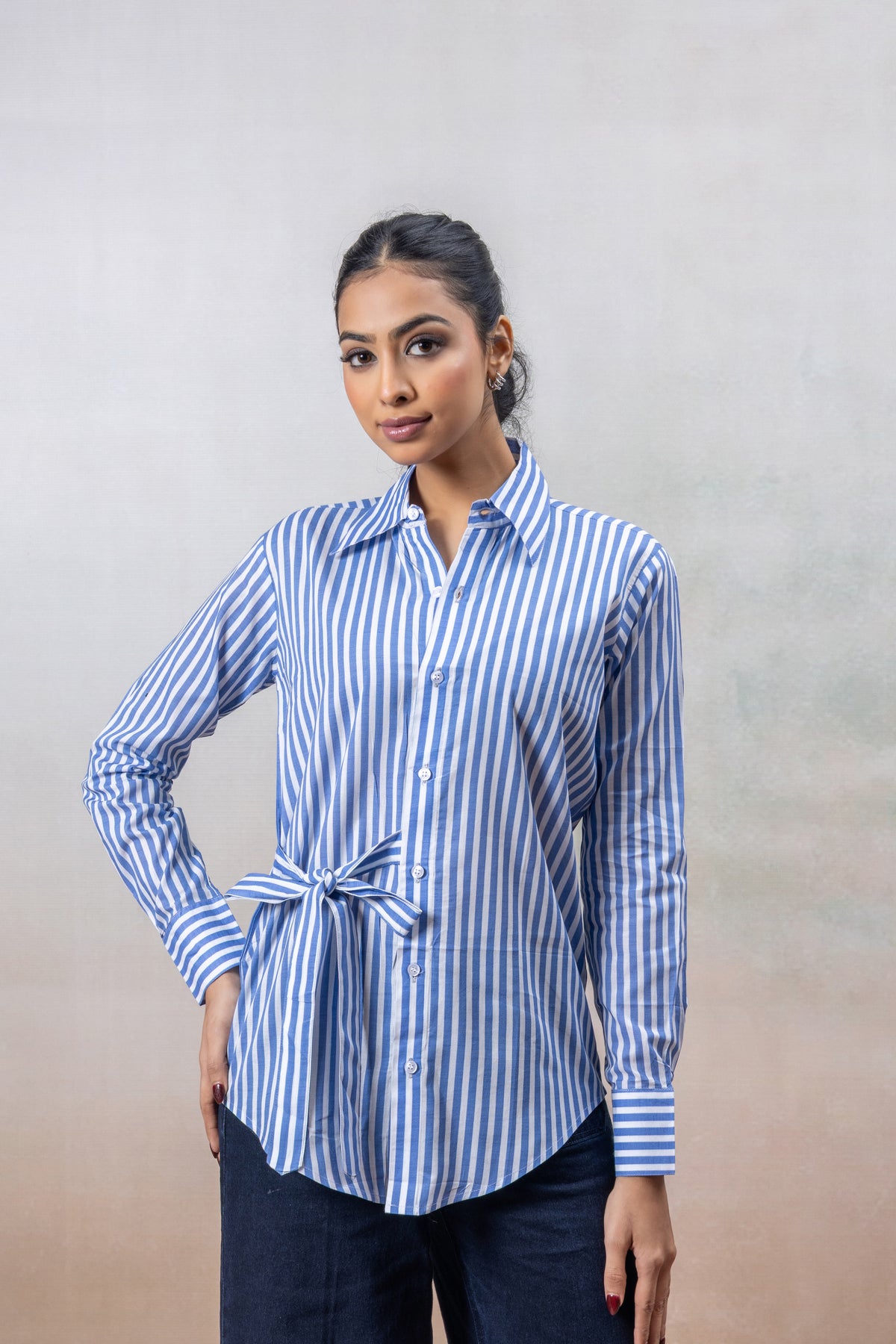 Classic Blue & White Striped Cotton Shirt with Side Tie
