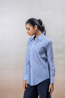 Classic Blue & White Striped Cotton Shirt with Side Tie