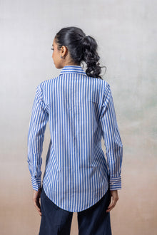Classic Blue & White Striped Cotton Shirt with Side Tie