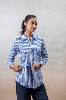Classic Blue & White Striped Cotton Shirt with Side Tie