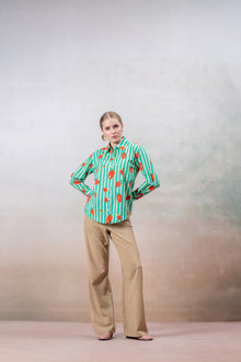 Green & White Striped Cotton Shirt with Strawberry Print