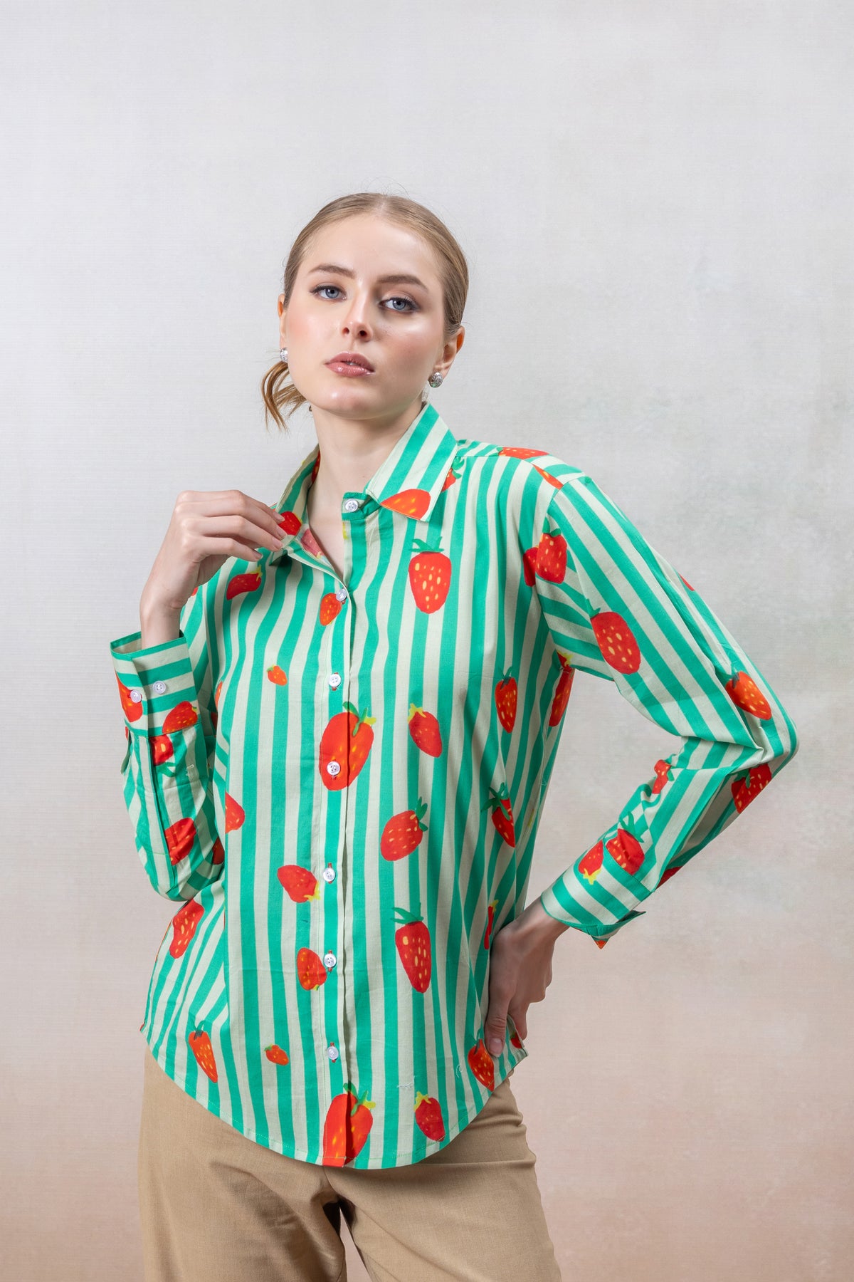 Green & White Striped Cotton Shirt with Strawberry Print
