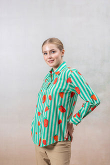 Green & White Striped Cotton Shirt with Strawberry Print