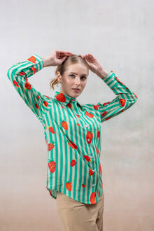Green & White Striped Cotton Shirt with Strawberry Print