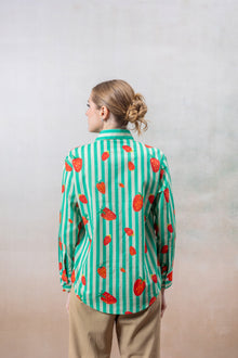 Green & White Striped Cotton Shirt with Strawberry Print