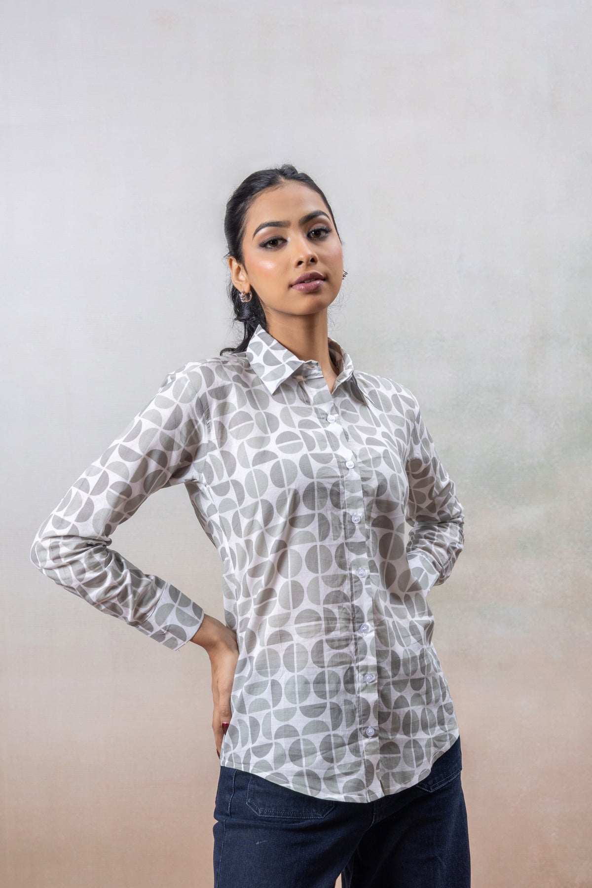 Grey Geometric Print Cotton Shirt