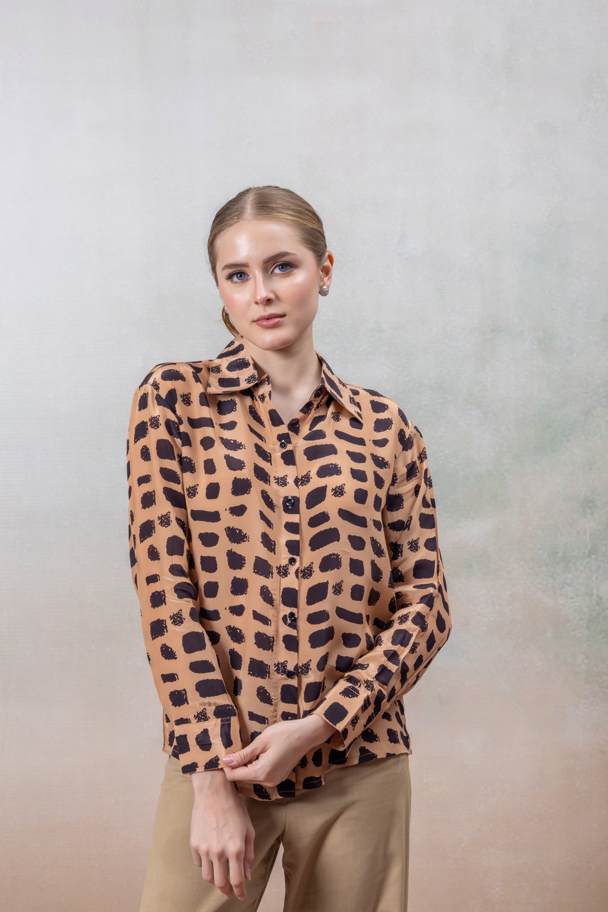 Brown Abstract Print Crepe Shirt