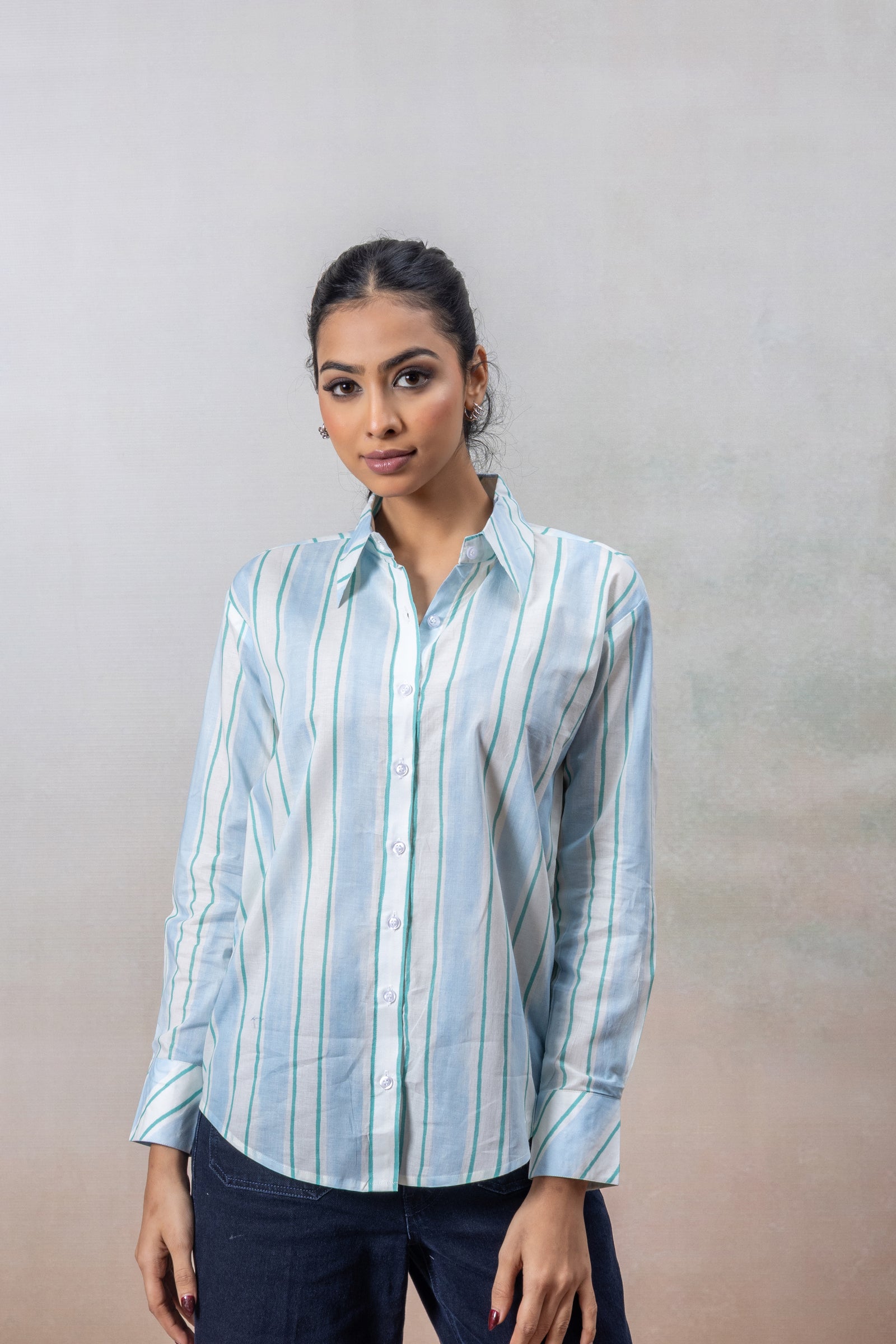 Aqua Blue Striped Cotton Shirt