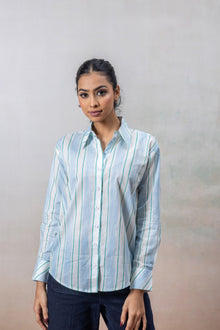 Aqua Blue Striped Cotton Shirt