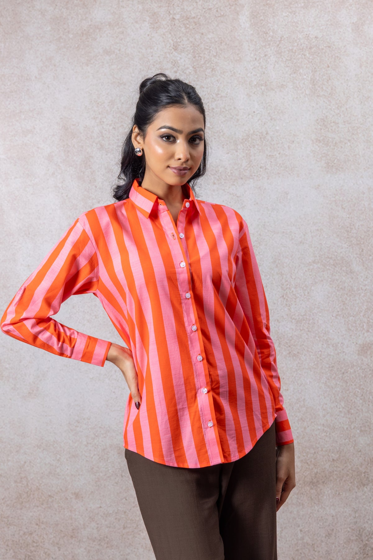 Coral Pink & Tangerine Striped Cotton Shirt