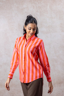 Coral Pink & Tangerine Striped Cotton Shirt