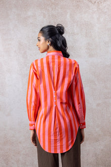 Coral Pink & Tangerine Striped Cotton Shirt