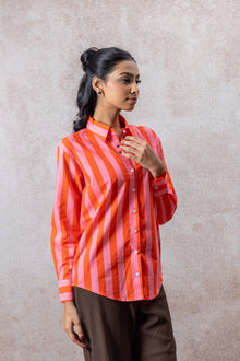 Coral Pink & Tangerine Striped Cotton Shirt