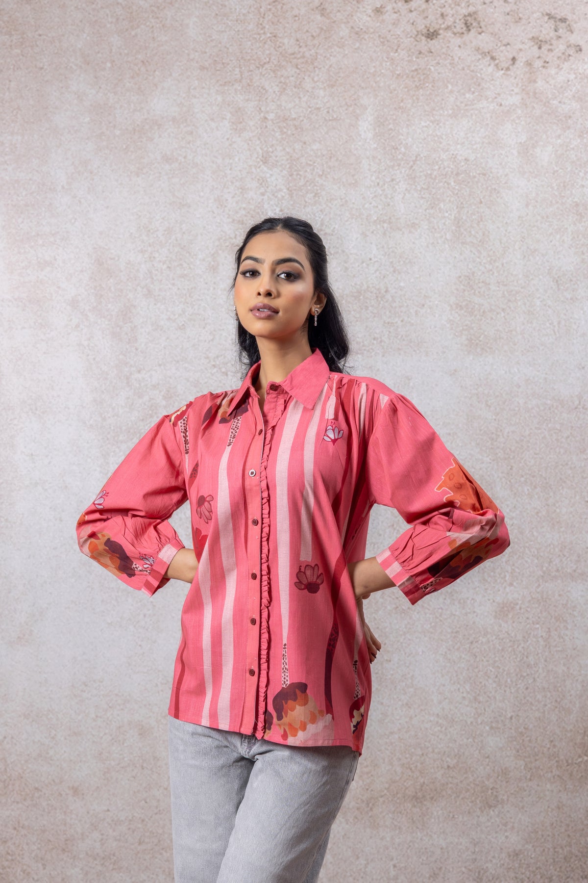 Coral Pink Hand-Block Inspired Cotton Shirt